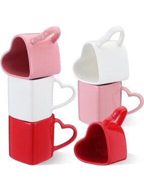 Set of 6 Heart Shaped Ceramic Mugs - Cute Coffee & Tea Cups for Couples, Gifts